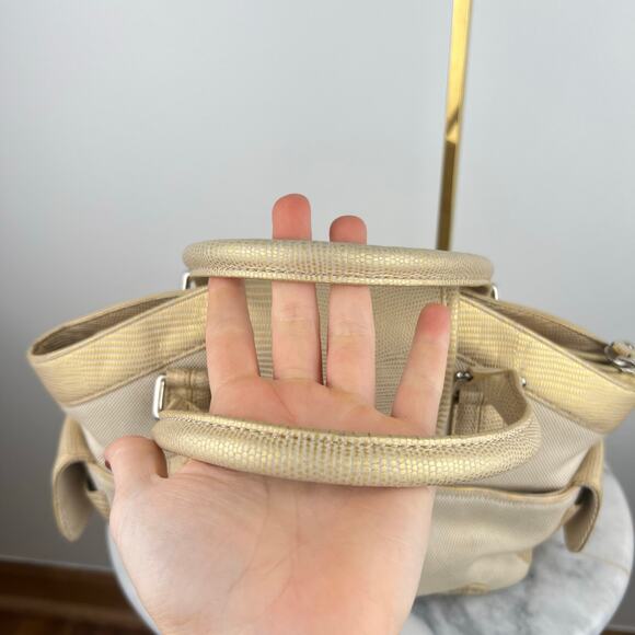 Cole Haan Buckle Canvas Tan and Gold Lizard Skin Embossed Leather Shoulder Bag - Picture 5 of 16